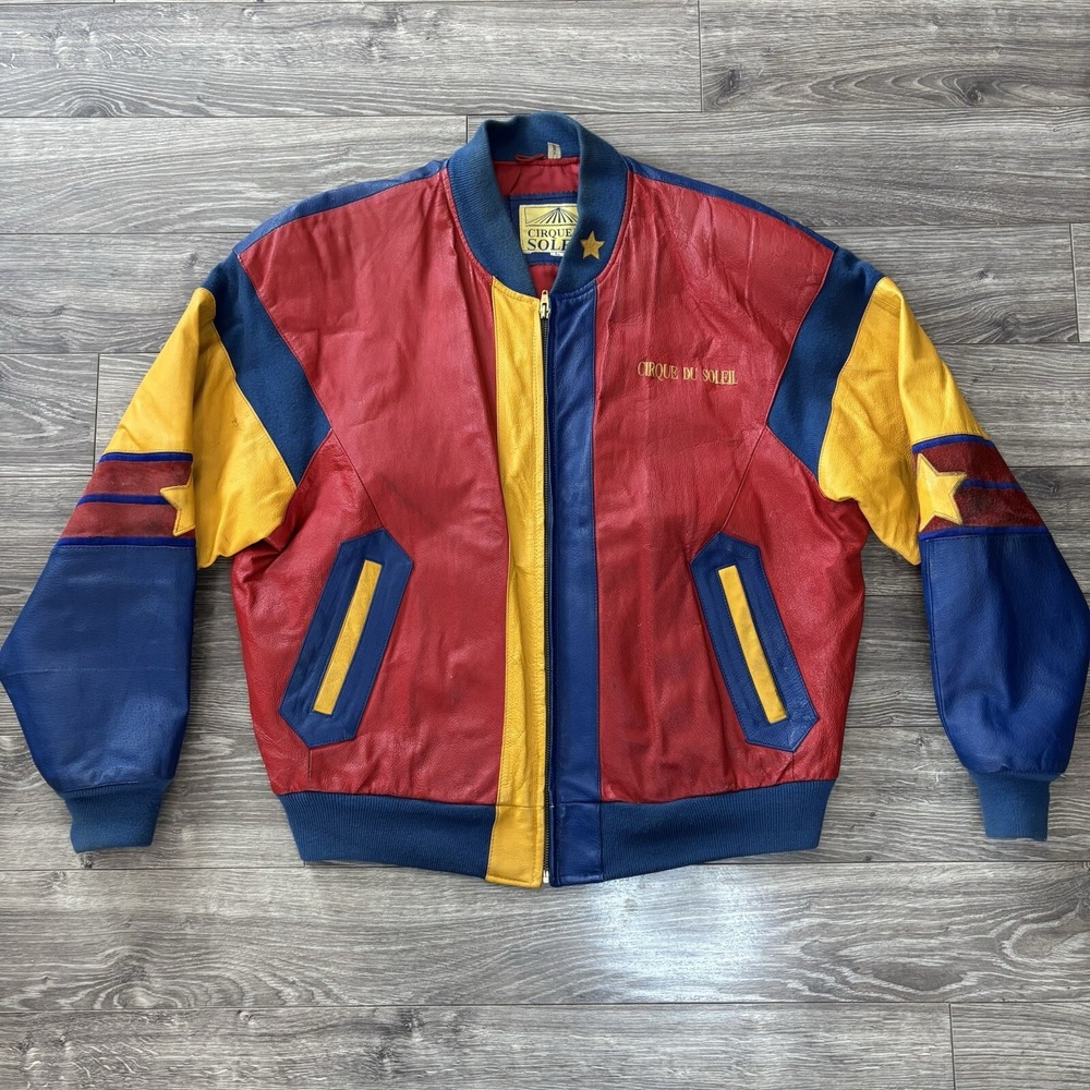 Vintage Cirque du Soleil Color Block Leather Coat Jacket Circa‎ 1993 Size Large